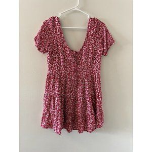 Stylish Böhme Red Floral Blouse with Short Sleeves and Tie Women's Size M